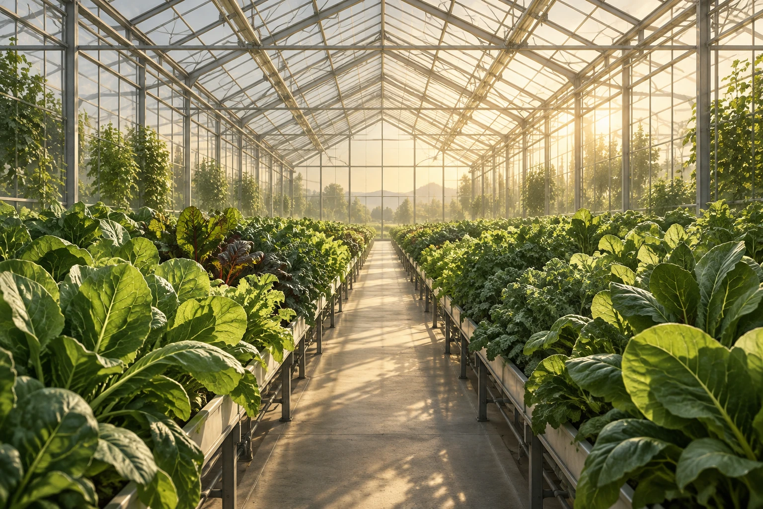 Editorial illustration of leafy crops in a sunlit greenhouse